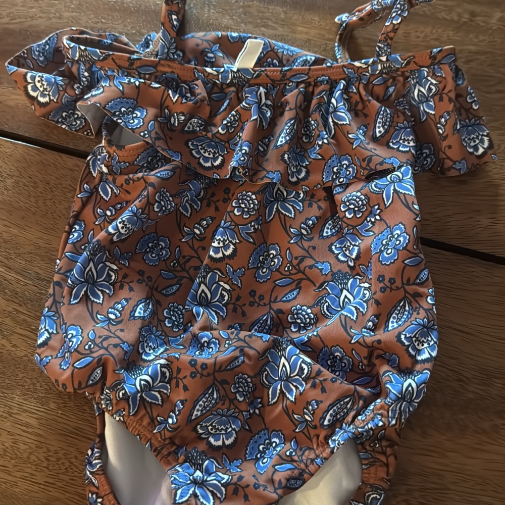 Janie and Jack Floral One Piece Swimsuit - Brown and Blue